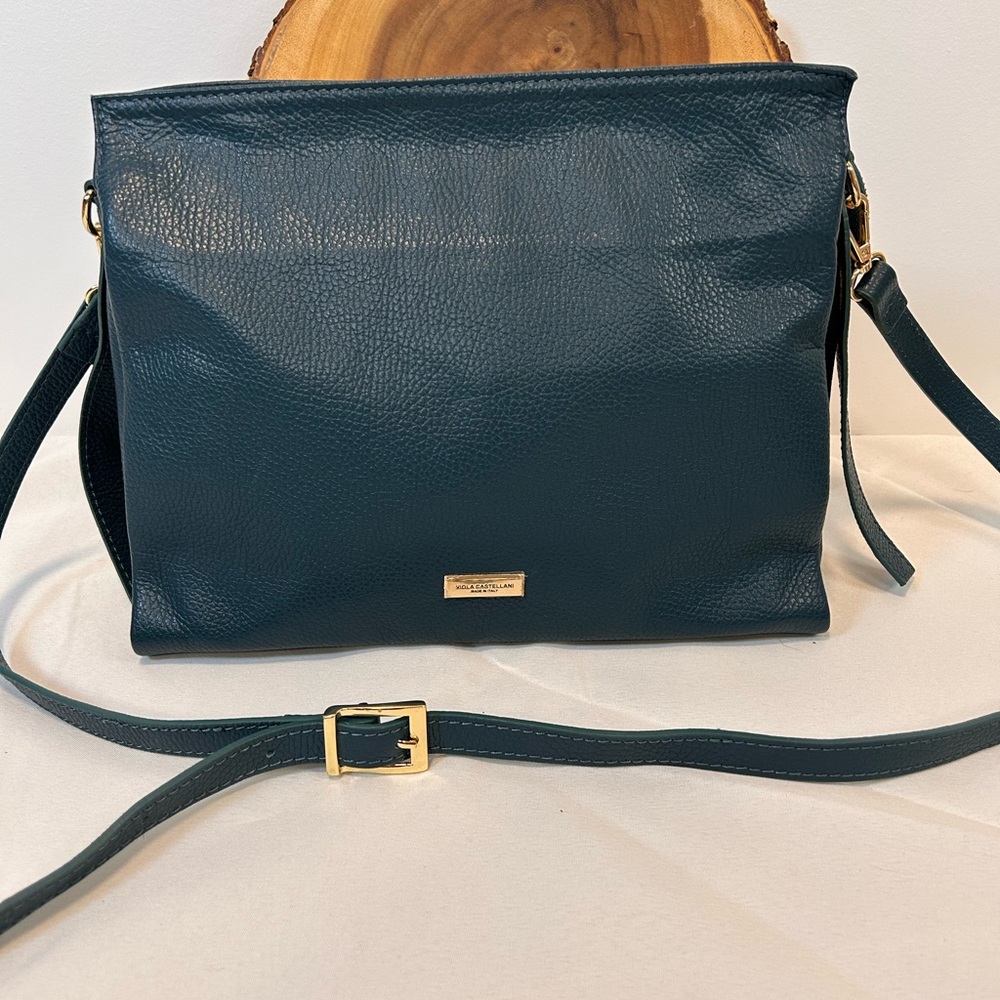 Viola Castellani Italian Genuine Leather Handbag Forest Green Gold Tone Hardware - Picture 11 of 12